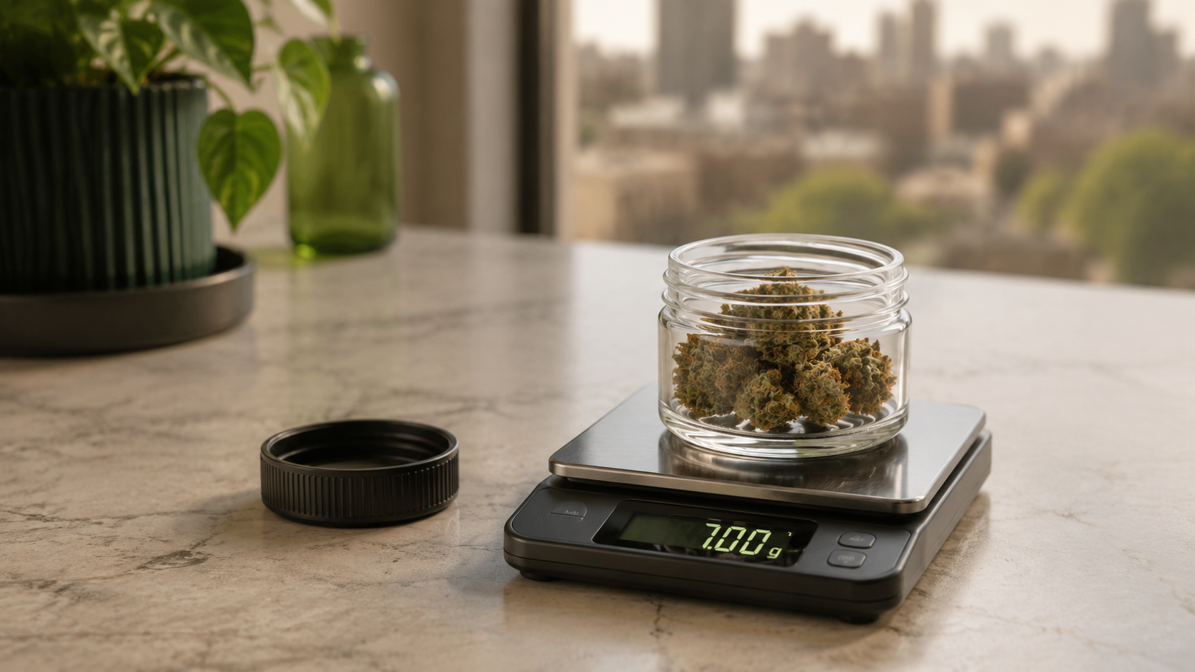7 grams is how much weed shown with a labeled quarter-ounce container