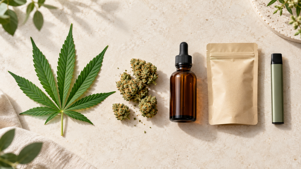 What is cannabis guide with plant flower and labeled product forms